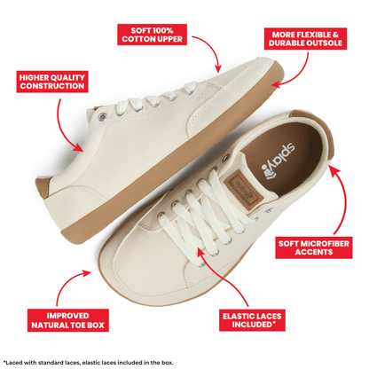 Light tan FREESTYLE 3 Almond sneakers with brown gumsoles, labeled features on a white background