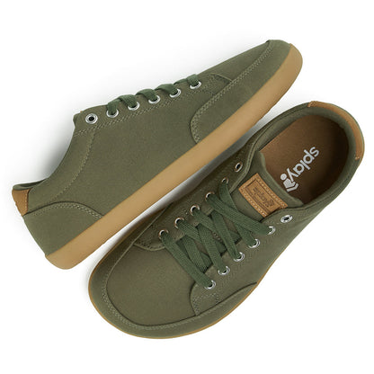 Top and Side view picture of the FREESTYLE 3 Pine, Pine green sneaker with matching green laces, and brown gumsole on a white background, shows brown insole with the Splay logo.
