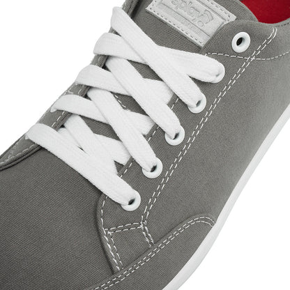 Close up view of the top and laces on the FREESTYLE 3 Stone, grey sneaker with white laces and light grey accents on a white background