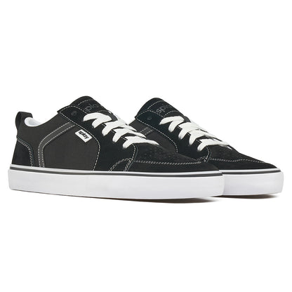 Close-up of the heel area of a black REV LTS Los Angeles sneaker showing the pull tab and white midsole detail, on a white background.