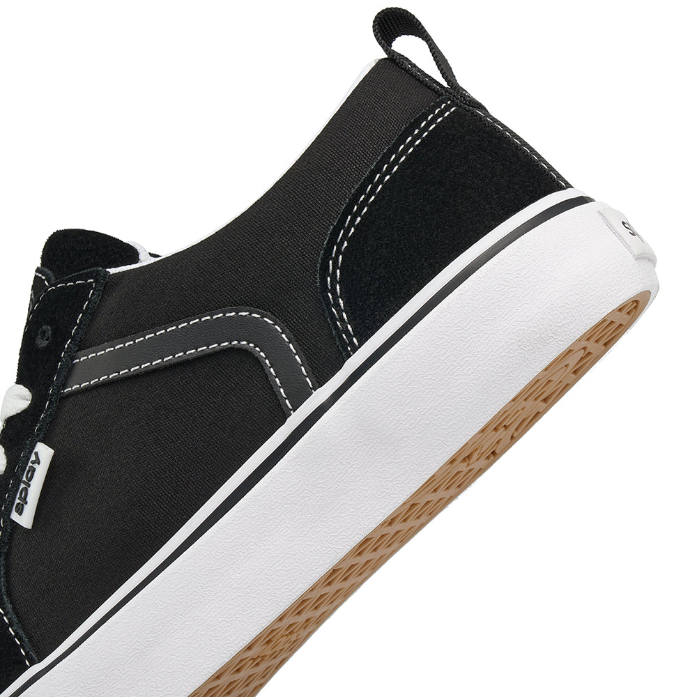 Back view of black REV LTS Los Angeles sneakers with heel pull tabs and “Splay” logo on the heel strip, on a white background.