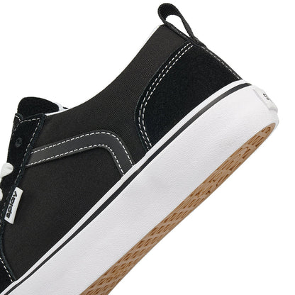 Back view of black REV LTS Los Angeles sneakers with heel pull tabs and “Splay” logo on the heel strip, on a white background.