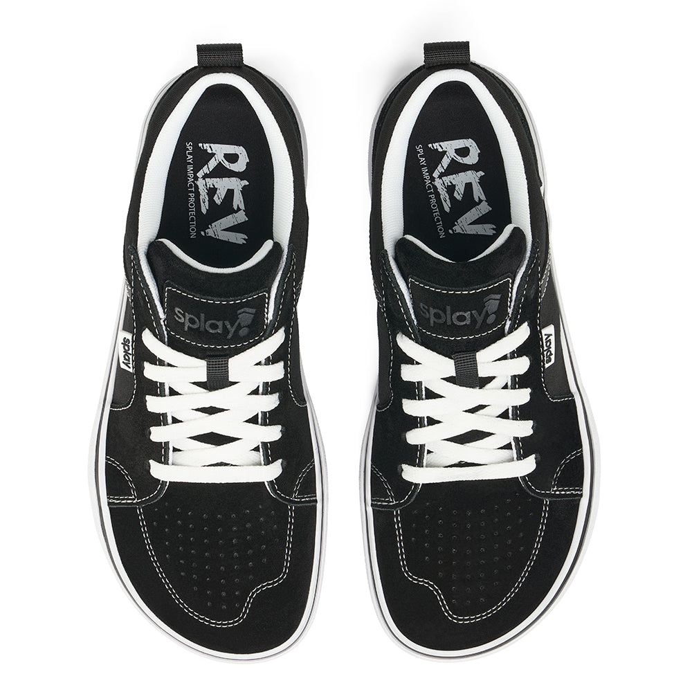 Over a white background, the top-down view of black REV LTS Los Angeles sneakers. White stitching over black canvas, and “Splay” branding on the tongue and side label and the "REV" logo printed on the sockliner. White laces. 