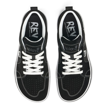 Over a white background, the top-down view of black REV LTS Los Angeles sneakers. White stitching over black canvas, and “Splay” branding on the tongue and side label and the "REV" logo printed on the sockliner. White laces. 